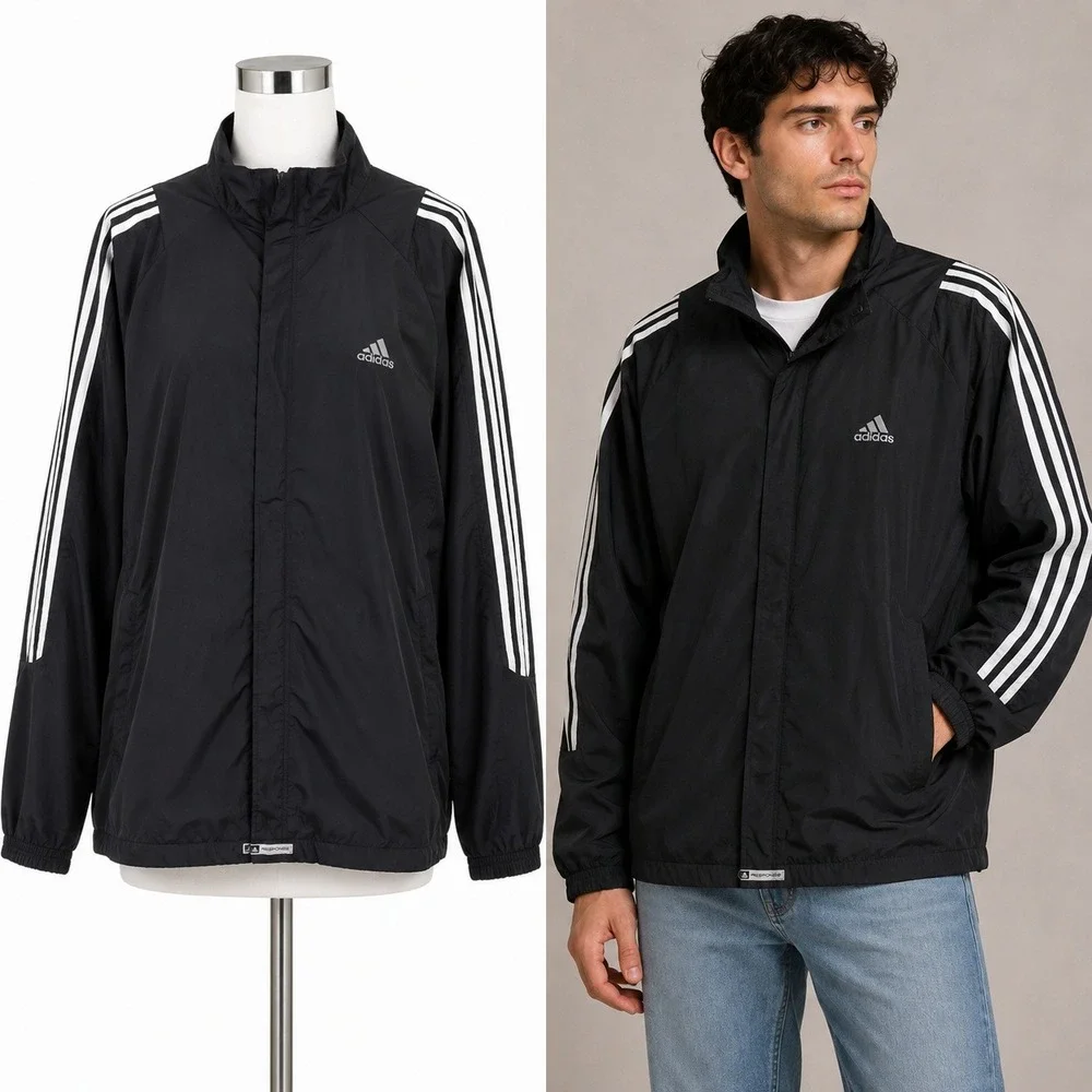 Adidas Response Windbreaker Jacket Mens Large Black Climaproof 3-Stripe Full Zip